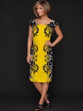 Voir Voir Yellow and Black Damascus Printed Cap-Sleeve Midi Dress Size 14